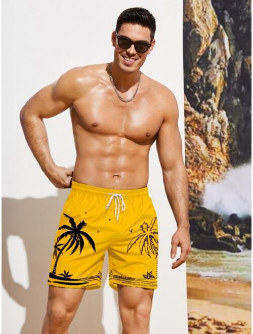 Men Palm Tree Print Drawstring Waist Swim Trunks