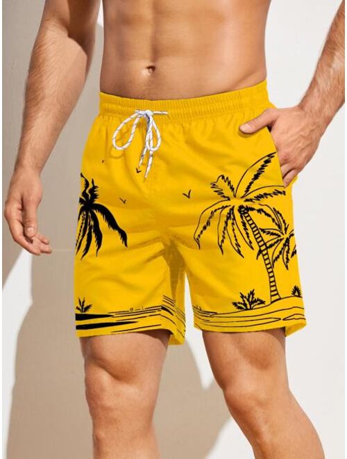 Men Palm Tree Print Drawstring Waist Swim Trunks