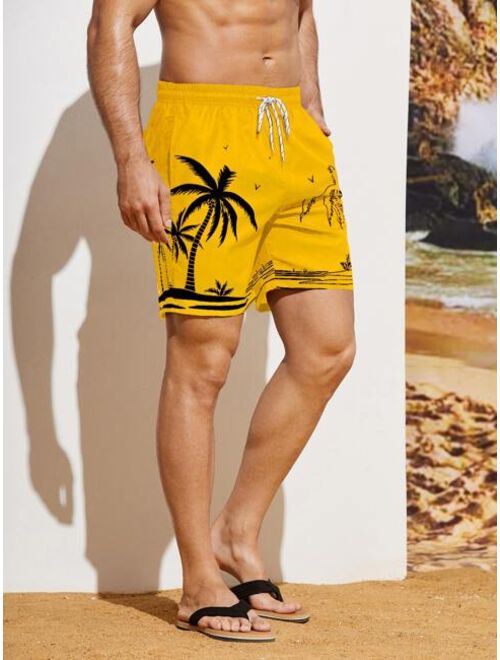 Men Palm Tree Print Drawstring Waist Swim Trunks