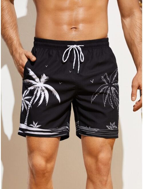 Men Palm Tree Print Drawstring Waist Swim Trunks