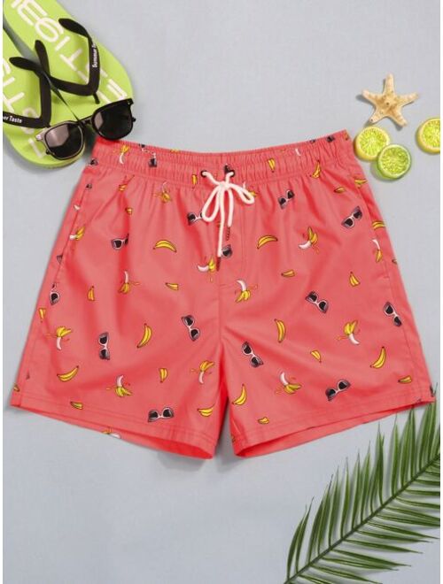 Men Fruit Print Drawstring Waist Swim Trunks