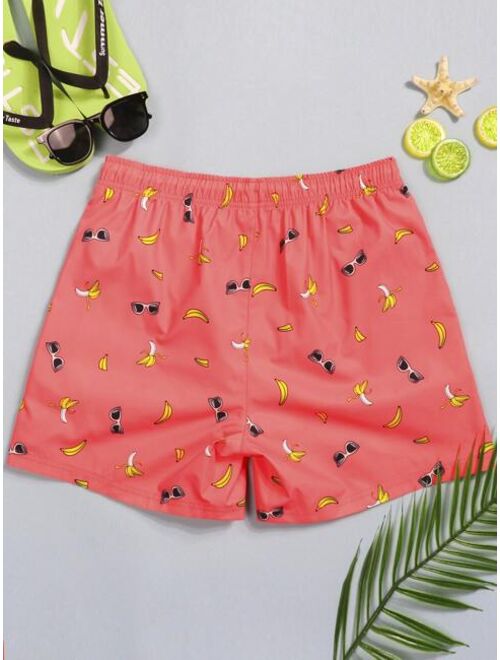 Men Fruit Print Drawstring Waist Swim Trunks