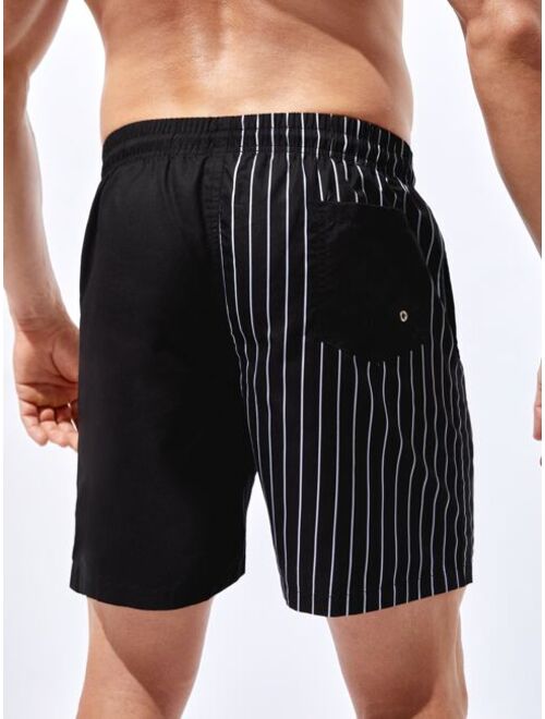 Men Striped Drawstring Waist Swim Trunks