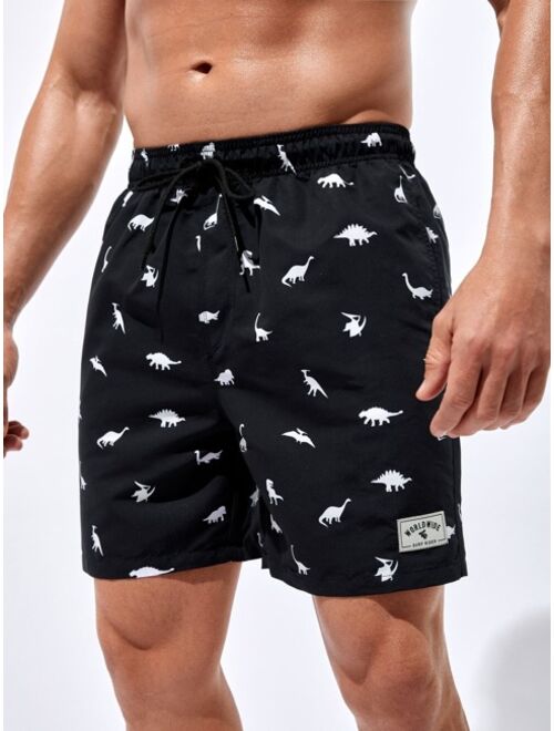 Men Dinosaur Print Drawstring Waist Swim Trunks