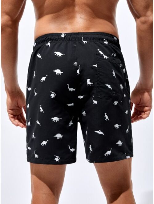 Men Dinosaur Print Drawstring Waist Swim Trunks