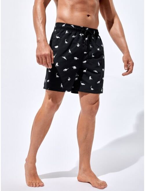 Men Dinosaur Print Drawstring Waist Swim Trunks