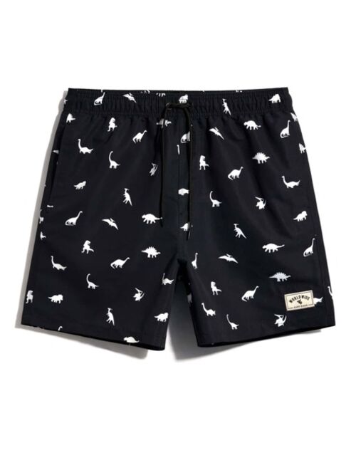 Men Dinosaur Print Drawstring Waist Swim Trunks