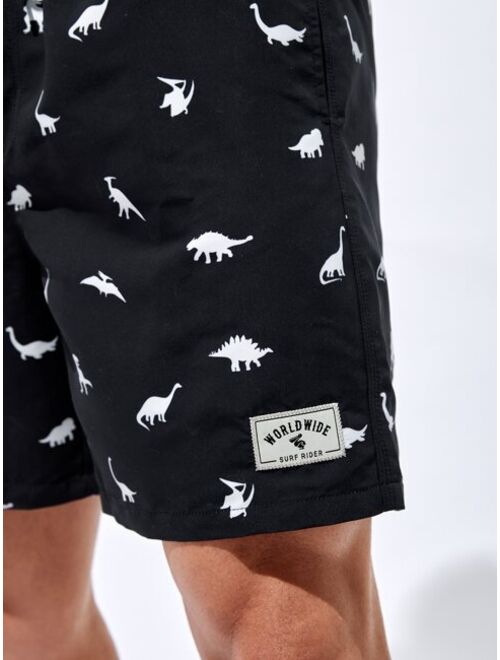 Men Dinosaur Print Drawstring Waist Swim Trunks