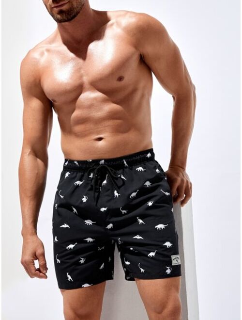 Men Dinosaur Print Drawstring Waist Swim Trunks