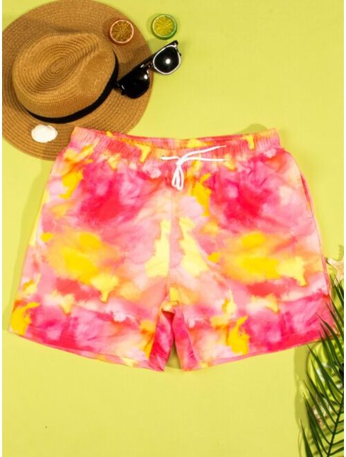 Men Tie Dye Drawstring Waist Swim Trunks