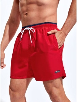 Men Letter Graphic Drawstring Waist Swim Trunks