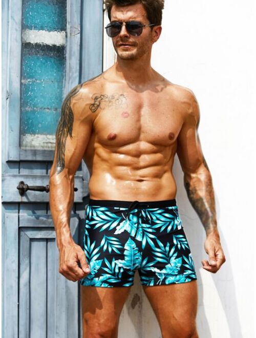 Men Tropical Print Drawstring Waist Swim Trunks