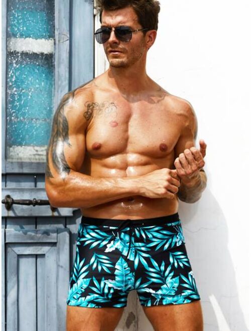 Men Tropical Print Drawstring Waist Swim Trunks