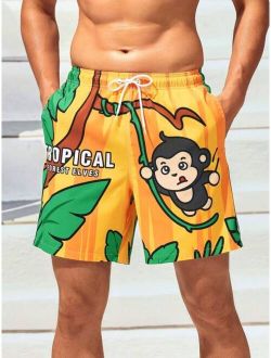 Men Cartoon Graphic Drawstring Waist Swim Trunks