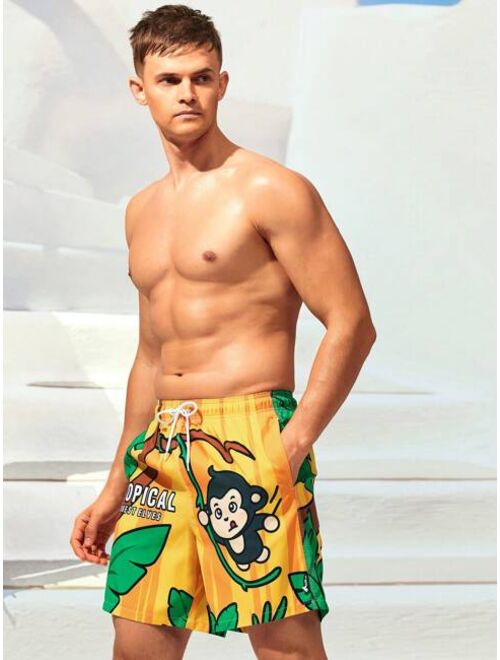 Men Cartoon Graphic Drawstring Waist Swim Trunks