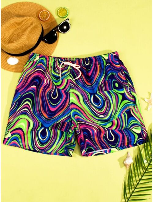 Men Allover Print Drawstring Waist Swim Trunks