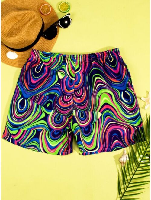 Men Allover Print Drawstring Waist Swim Trunks