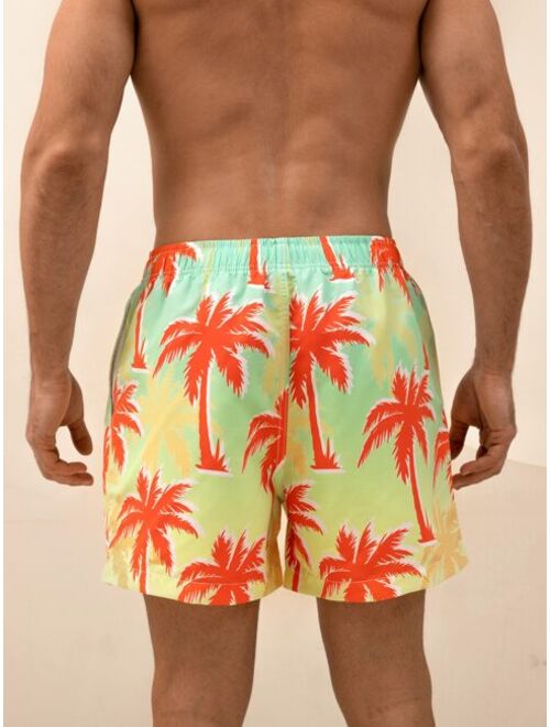 Men Coconut Tree Print Drawstring Waist Swim Trunks