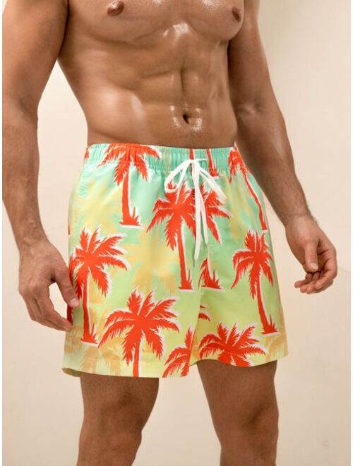 Men Coconut Tree Print Drawstring Waist Swim Trunks