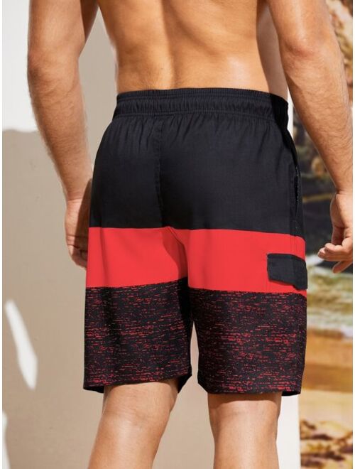 Men Color Block Flap Detail Swim Trunks