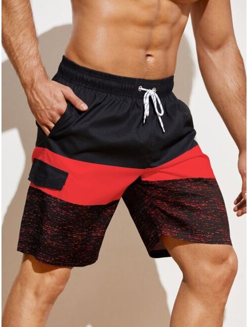 Men Color Block Flap Detail Swim Trunks