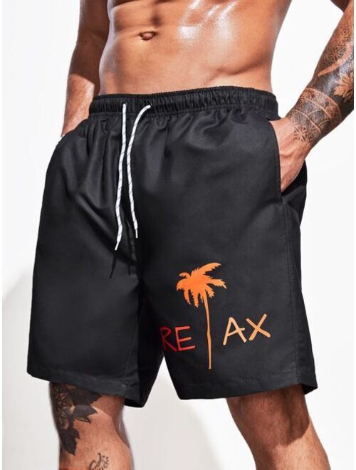 Extended Sizes Men Coconut Tree Letter Graphic Drawstring Waist Swim Trunks