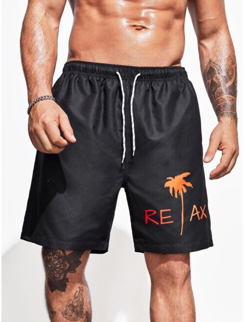 Extended Sizes Men Coconut Tree Letter Graphic Drawstring Waist Swim Trunks