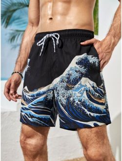Men Wave Print Drawstring Swim Trunks