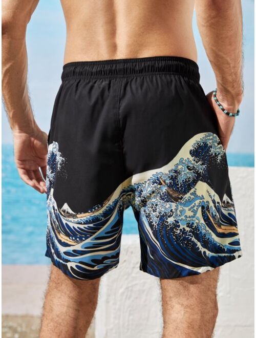 Men Wave Print Drawstring Swim Trunks