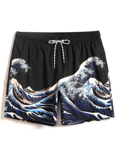 Men Wave Print Drawstring Swim Trunks