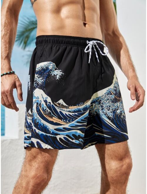 Men Wave Print Drawstring Swim Trunks