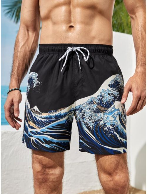 Men Wave Print Drawstring Swim Trunks