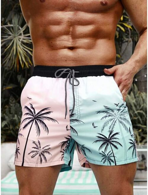 Men Palm Tree Print Drawstring Waist Swim Trunks