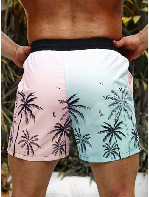 Men Palm Tree Print Drawstring Waist Swim Trunks