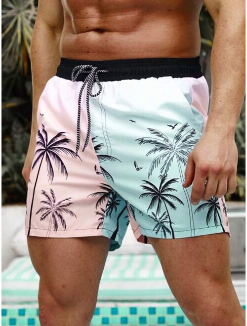 Men Palm Tree Print Drawstring Waist Swim Trunks