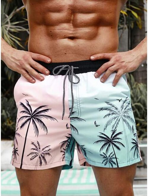 Men Palm Tree Print Drawstring Waist Swim Trunks