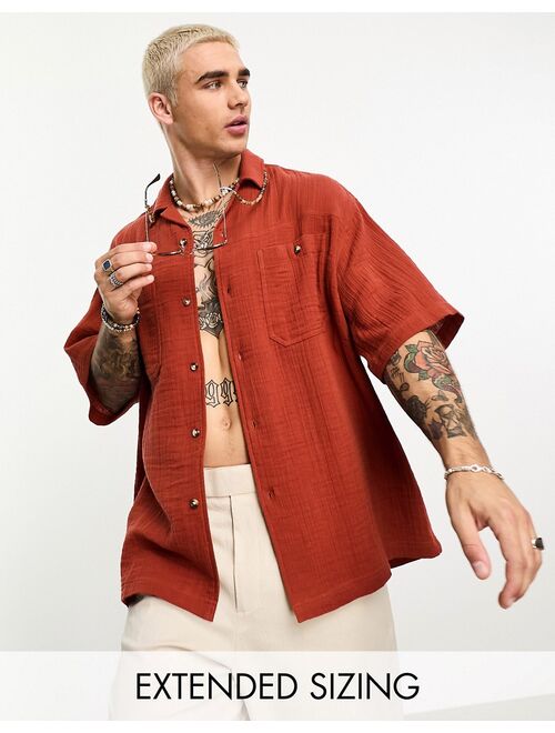 ASOS DESIGN boxy oversized revere beach shirt in crinkle cotton in rust