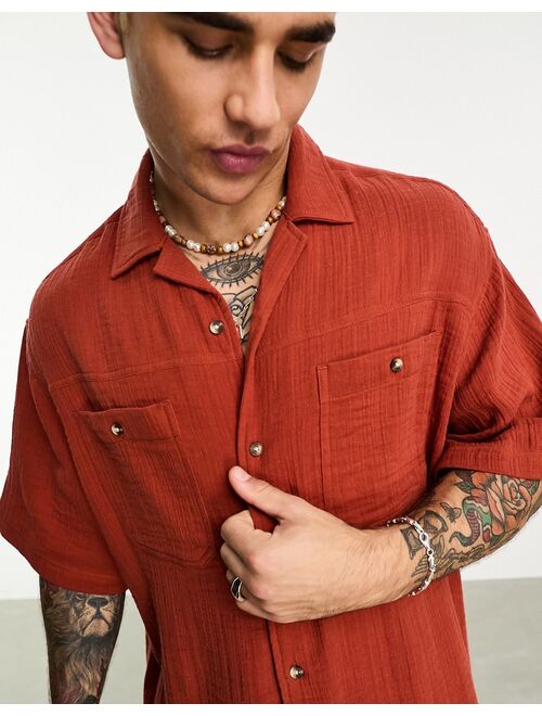 ASOS DESIGN boxy oversized revere beach shirt in crinkle cotton in rust