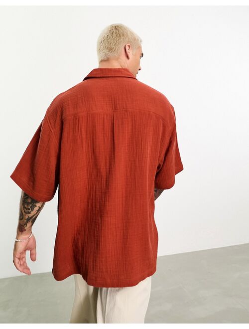 ASOS DESIGN boxy oversized revere beach shirt in crinkle cotton in rust