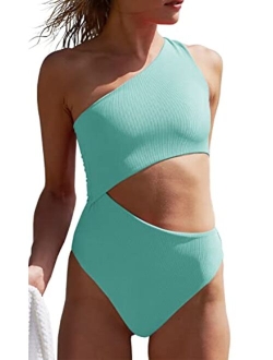 Fisoew Women's One Piece Ribbed Swimsuit One Shoulder Cutout Swimwear Sexy Bathing Suit