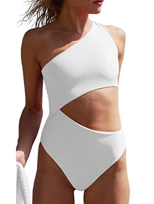 Fisoew Women's One Piece Ribbed Swimsuit One Shoulder Cutout Swimwear Sexy Bathing Suit