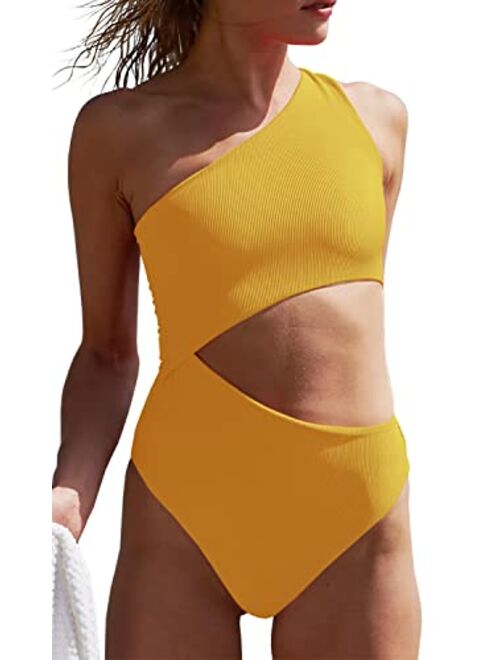 Fisoew Women's One Piece Ribbed Swimsuit One Shoulder Cutout Swimwear Sexy Bathing Suit