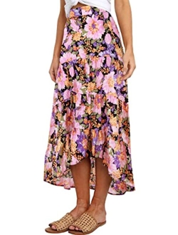 SimpleFun Women's Long Skirts Boho Floral Elastic High Waist Asymmetrical Hem Midi Skirt