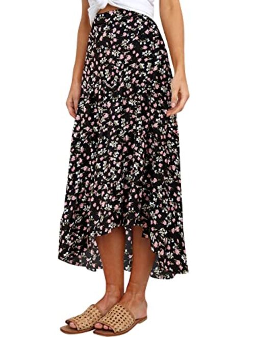 SimpleFun Women's Long Skirts Boho Floral Elastic High Waist Asymmetrical Hem Midi Skirt