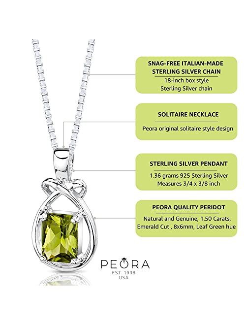 Peora Peridot Pendant Necklace for Women 925 Sterling Silver, Natural Gemstone Birthstone, 1.50 Carats Emerald Cut 8x6mm, with 18 inch Chain