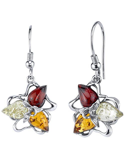 Peora Genuine Baltic Amber Star Leaf Earrings for Women 925 Sterling Silver, Rich Cherry Red, Cognac and Light Yellow Color, Fishhooks