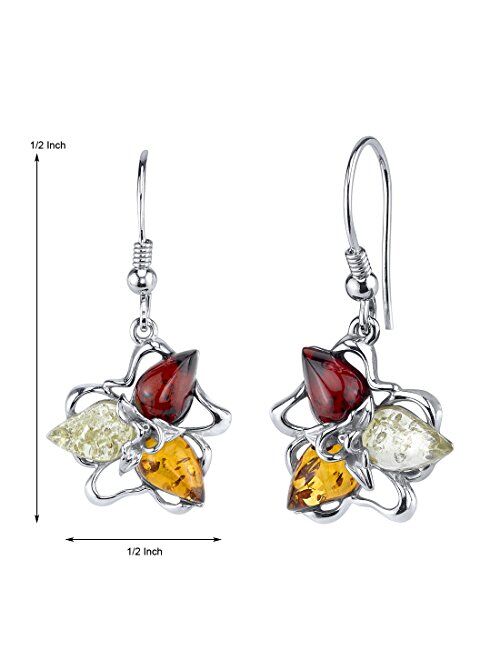 Peora Genuine Baltic Amber Star Leaf Earrings for Women 925 Sterling Silver, Rich Cherry Red, Cognac and Light Yellow Color, Fishhooks