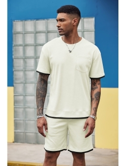 Men's Waffle Shirt and Shorts Set 2 Piece Outfits Casual Summer Tracksuits Set with Pockets