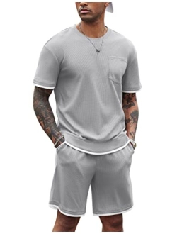 Men's Waffle Shirt and Shorts Set 2 Piece Outfits Casual Summer Tracksuits Set with Pockets