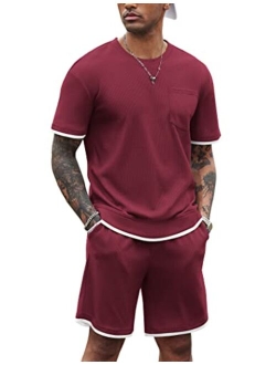 Men's Waffle Shirt and Shorts Set 2 Piece Outfits Casual Summer Tracksuits Set with Pockets